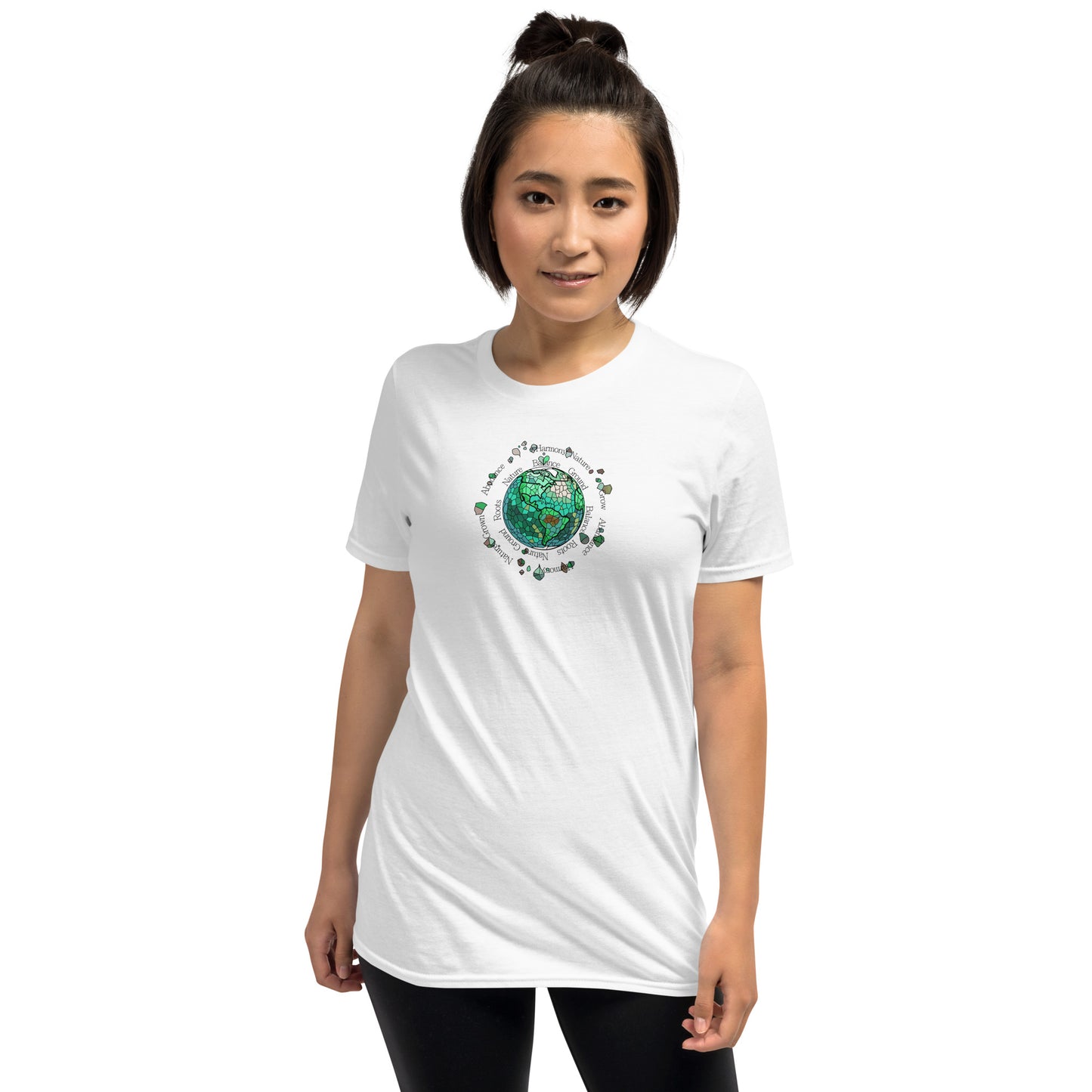 Woman wearing a white t-shirt with a vibrant earth element graphic design from the Elements collection, isolated on a white background