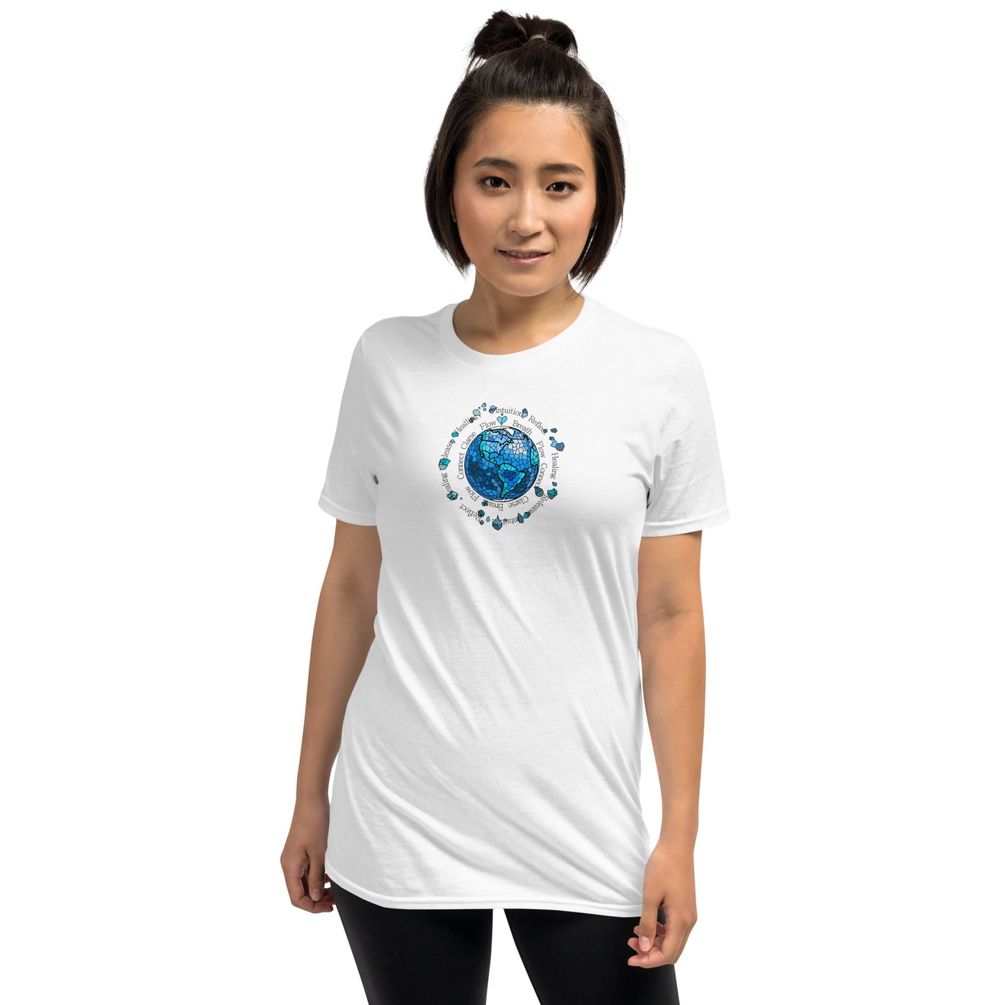 Woman wearing a white t-shirt with a "Vision 2026 Water Element design. Sacred circle featuring Flow, Breath, and Intuition. Symbolizing spiritual healing, clarity, and the power to release the old to embrace the new flow of life."
