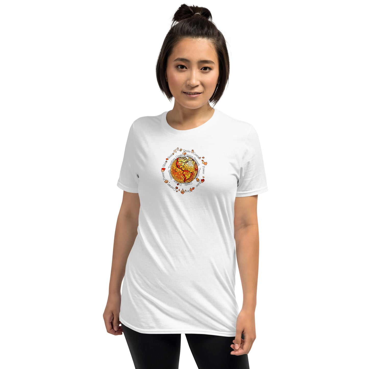 Woman wearing a White unisex T-shirt with a vibrant fire element graphic design from the Elements collection, isolated on a white background