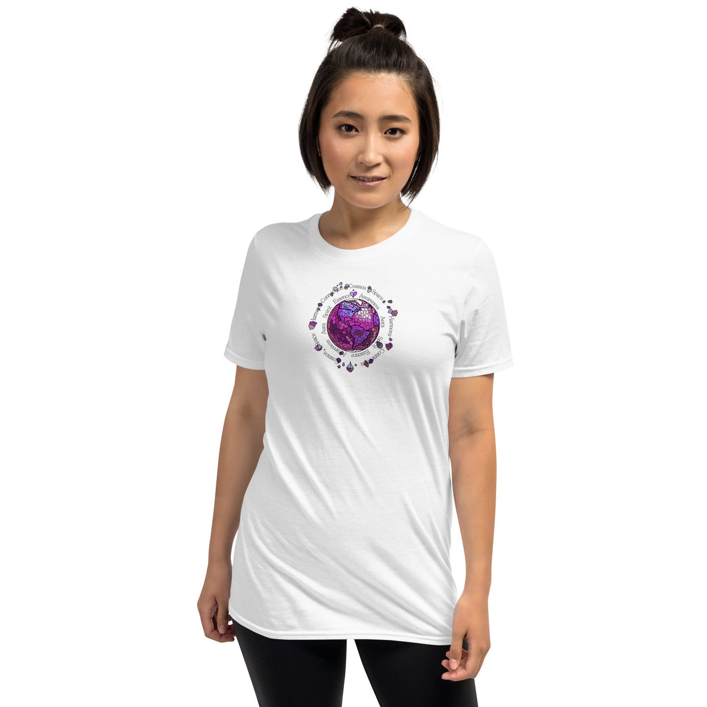 Person wearing a white t-shirt with a with a vibrant Aether element graphic design from the Elements collection, isolated on a white background