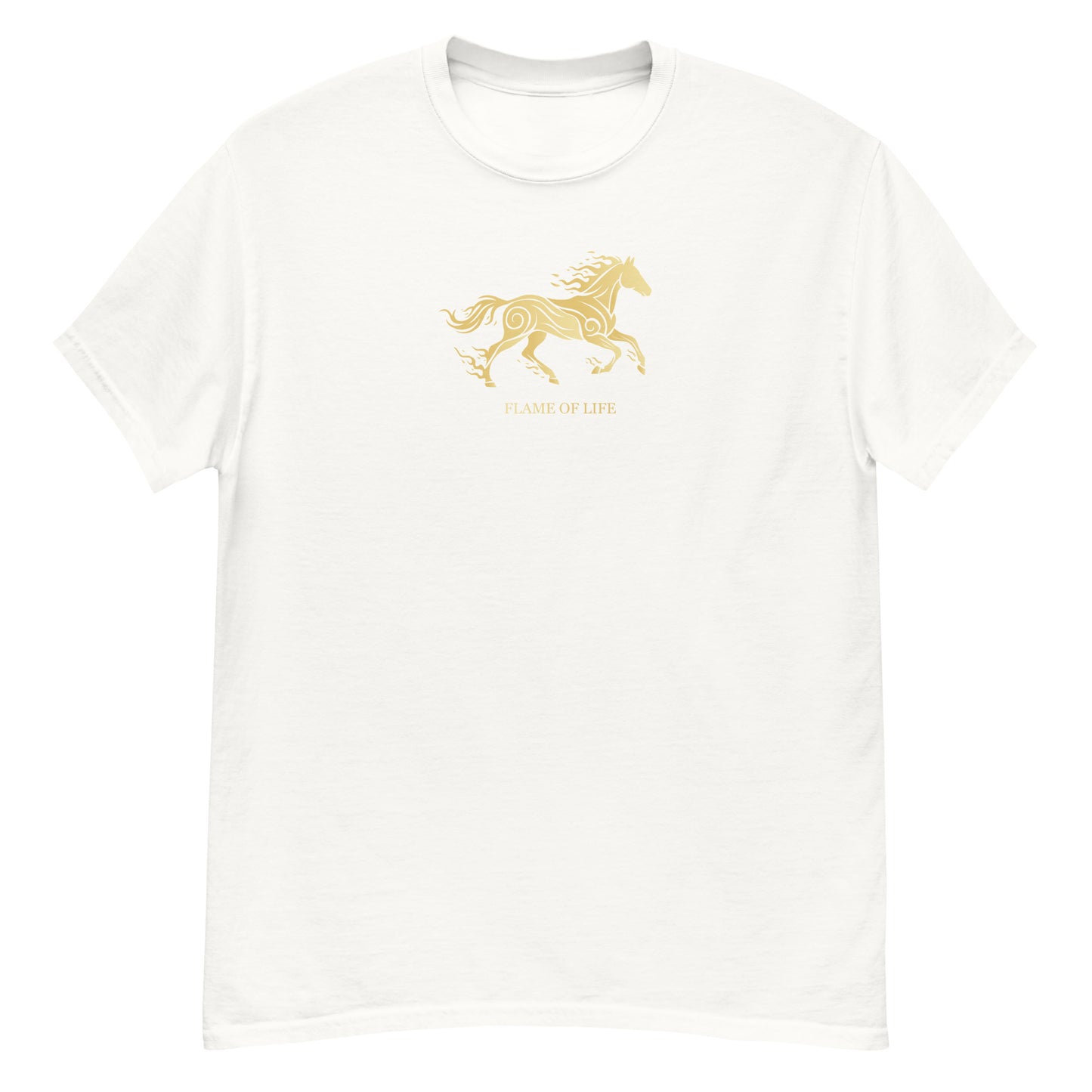 White t-shirt with a a gold horse Flame of life design by the vision 2026.A symbol of inner fire, strength, and the spirit refuses to be tamed by the system.