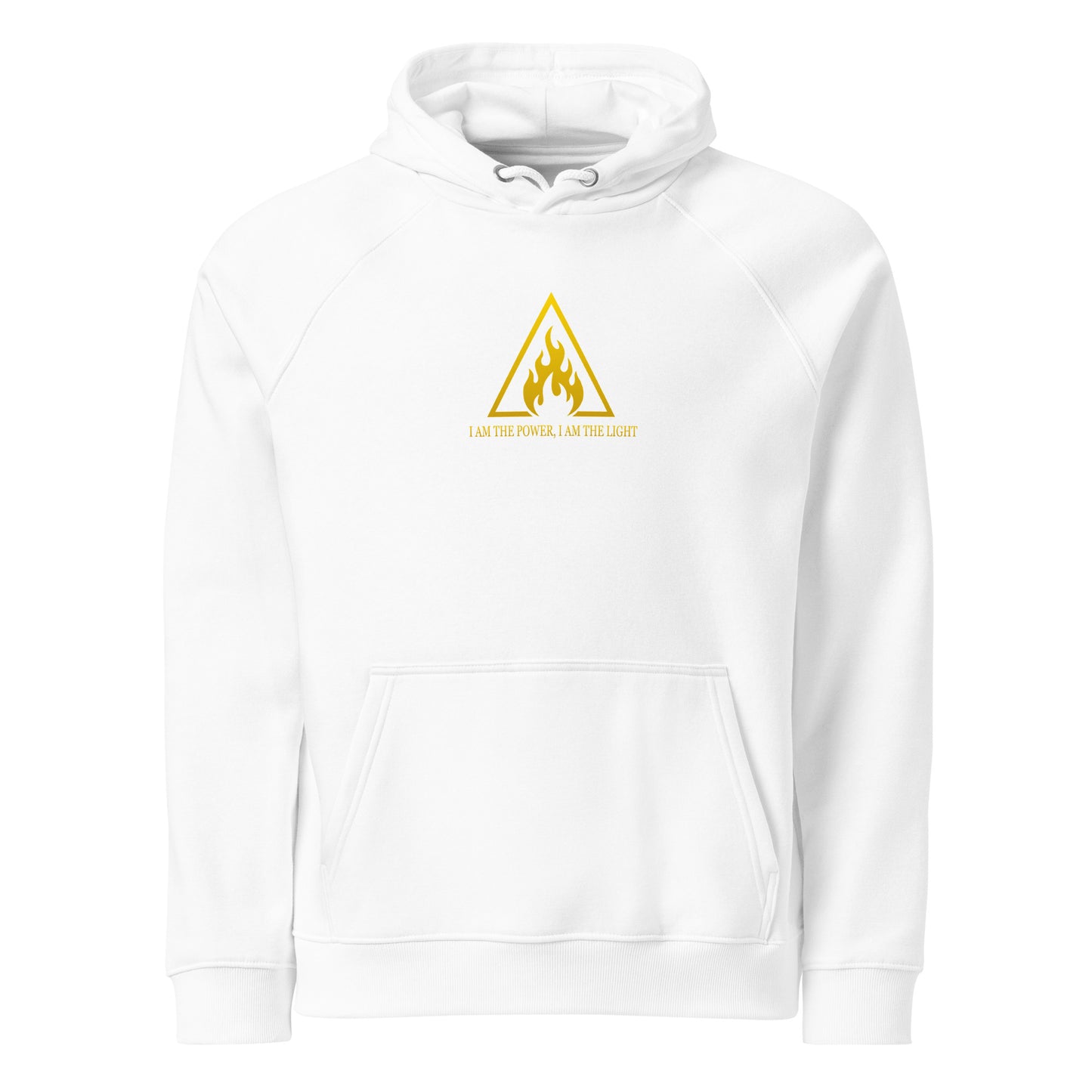 White hoodie with a yellow logo on a white background