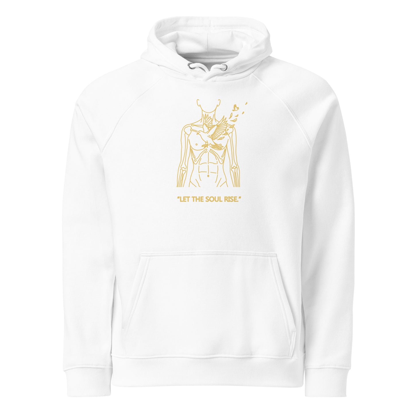 White hoodie with gold graphic design and text on a white background