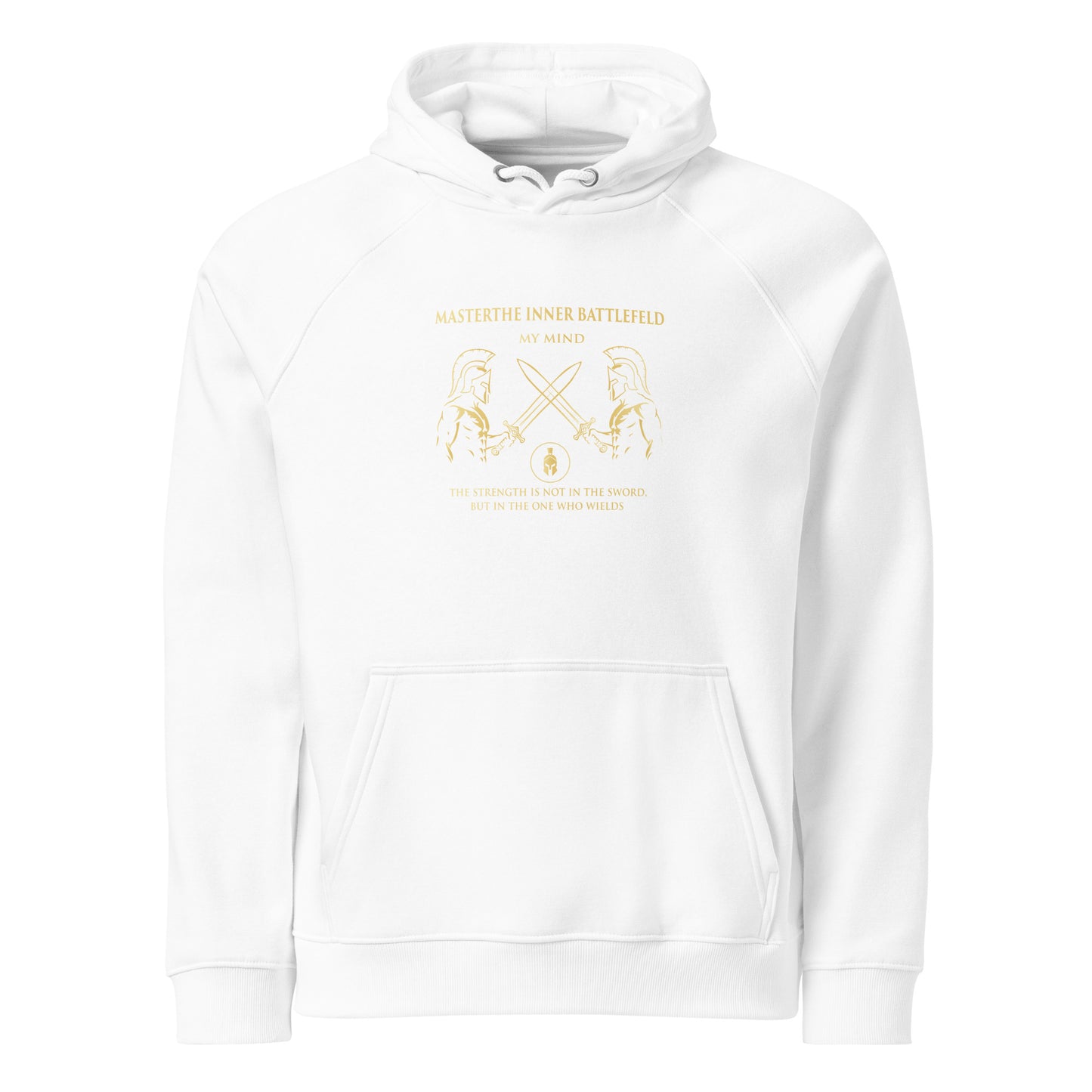 White hoodie with gold graphic and text on a white background