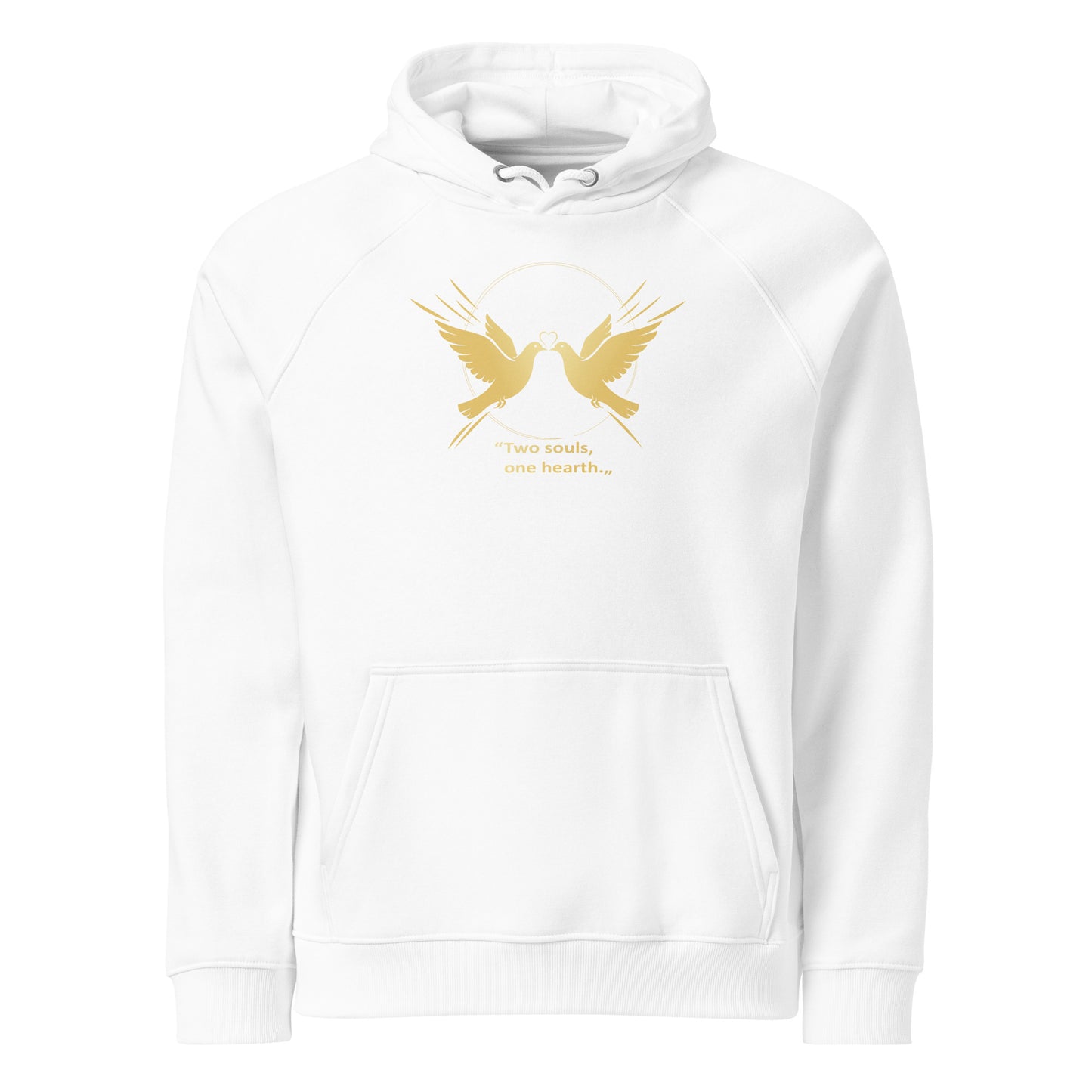 White hoodie with gold dove design and text on a white background