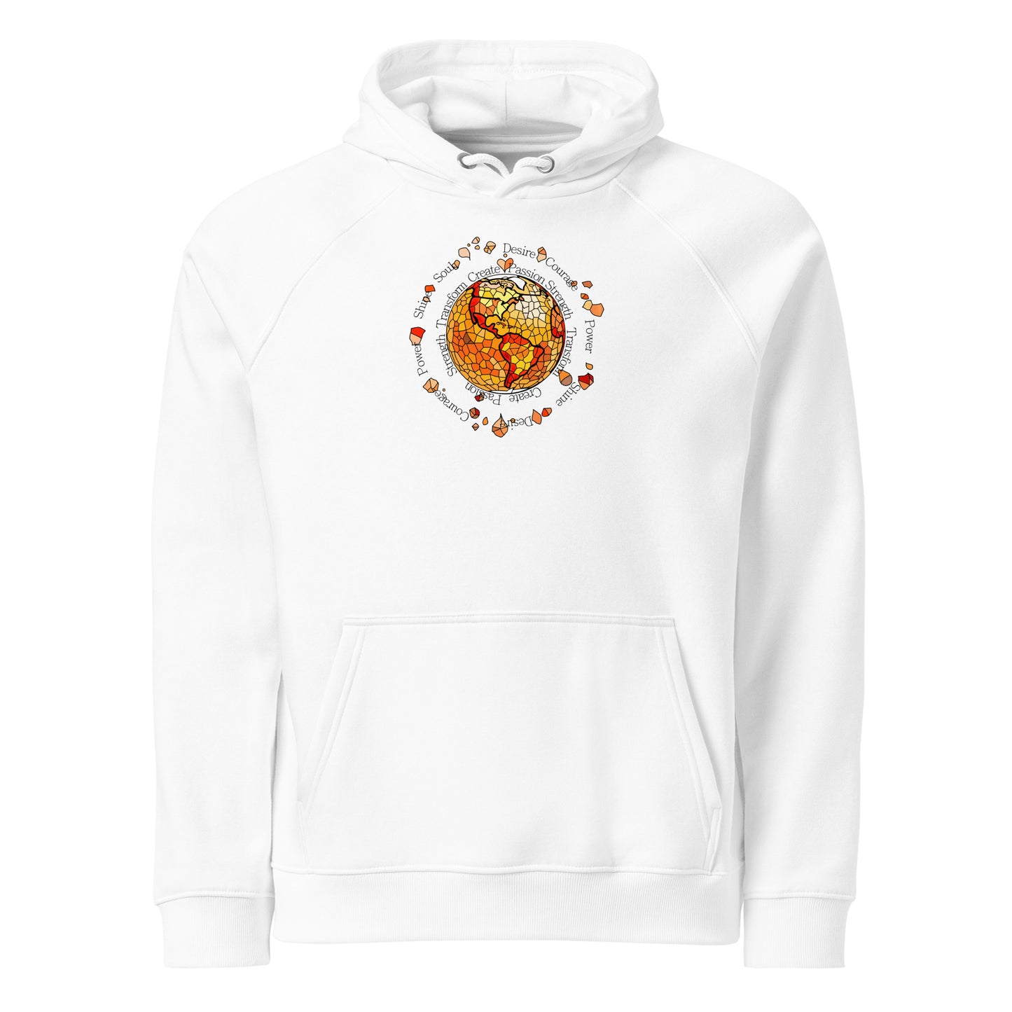 White hoodie with a colorful graphic design on a white background