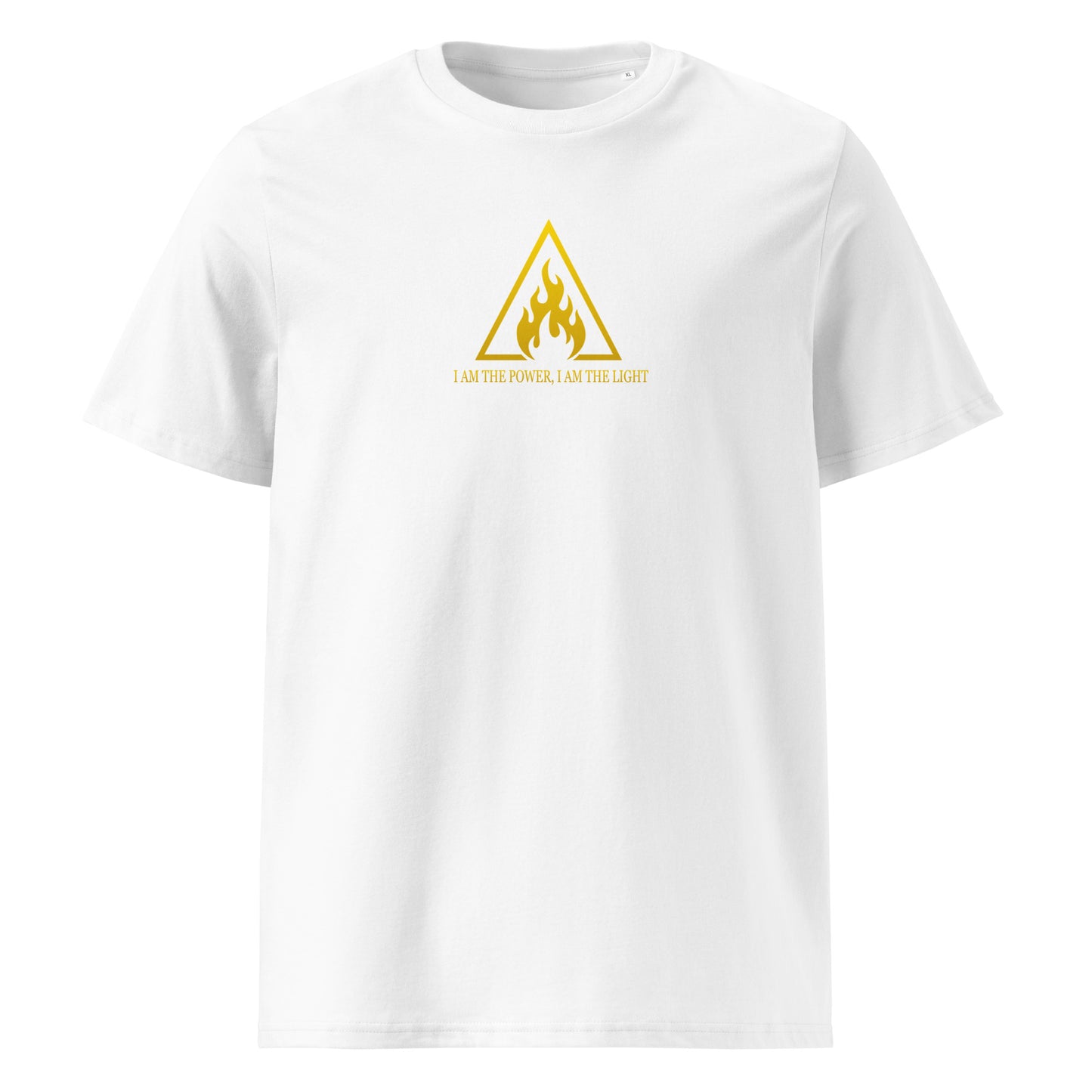 White t-shirt with a yellow triangle logo and text on a white background