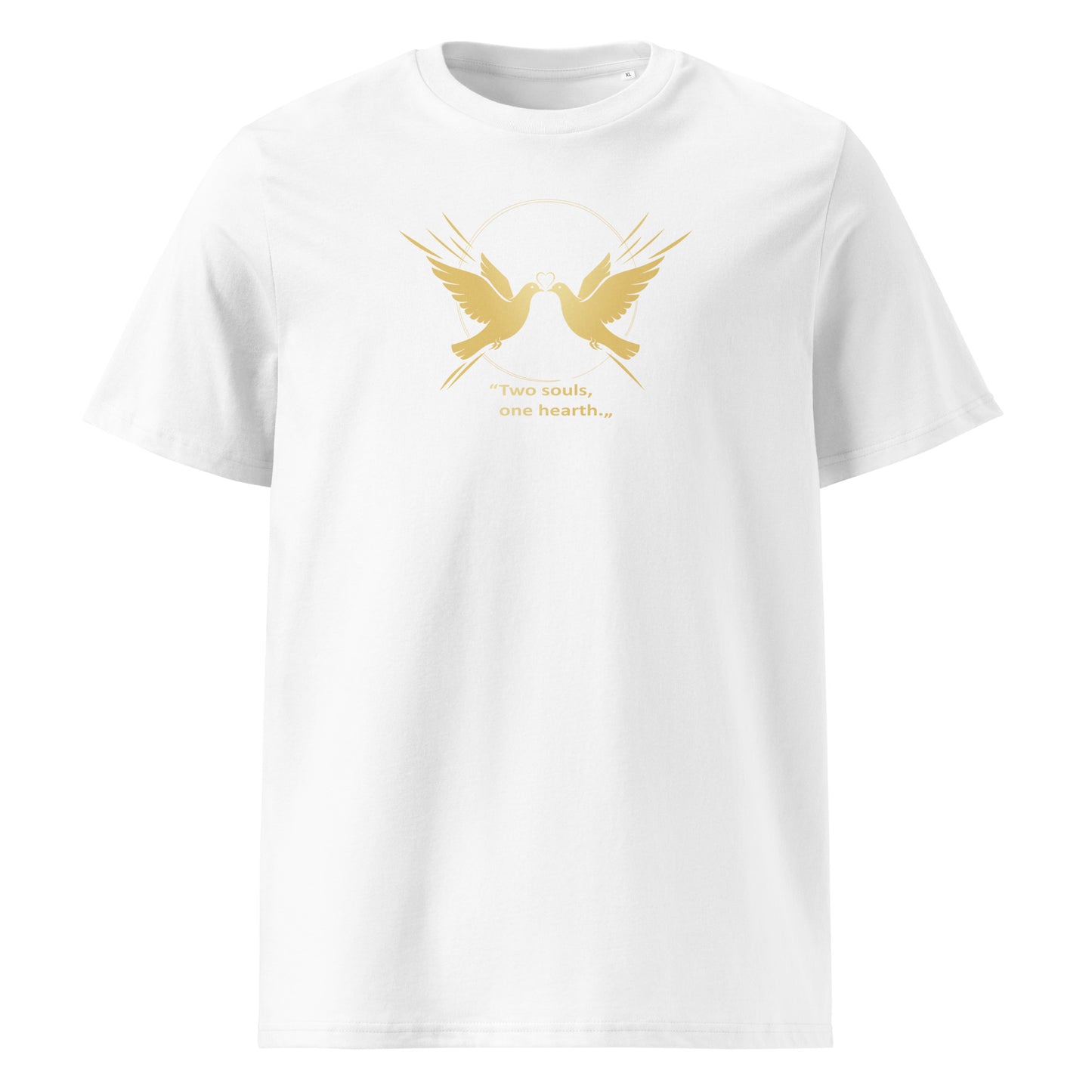 White t-shirt with gold dove design and text on a white background