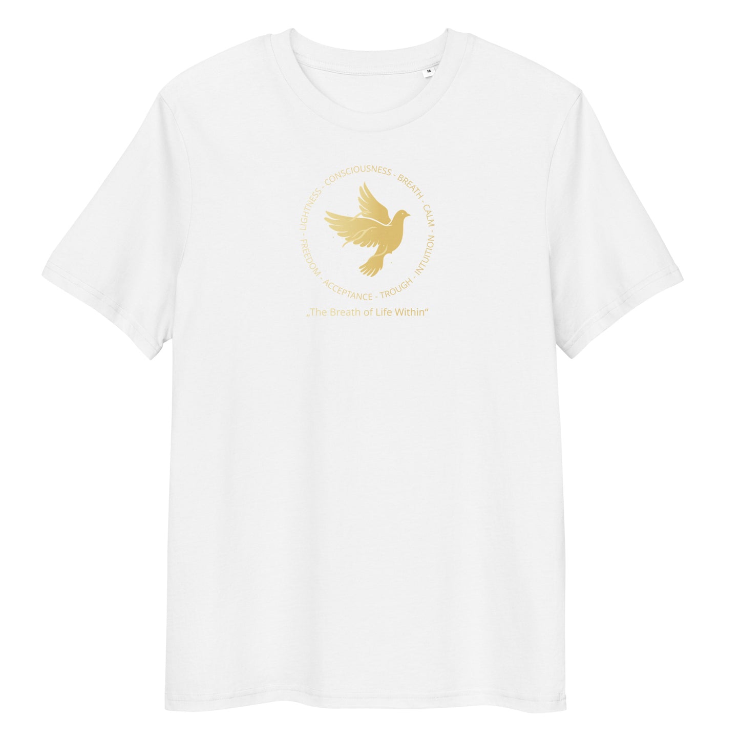 White t-shirt with a gold dove logo on a white background