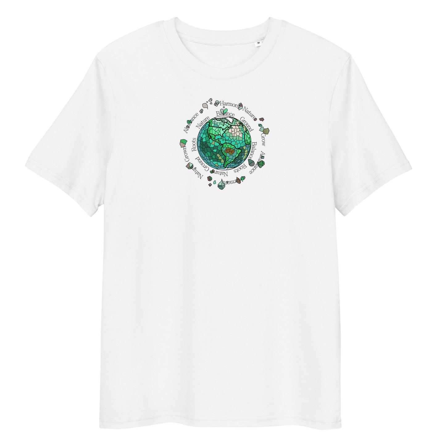 White t-shirt with a green graphic design on a white background