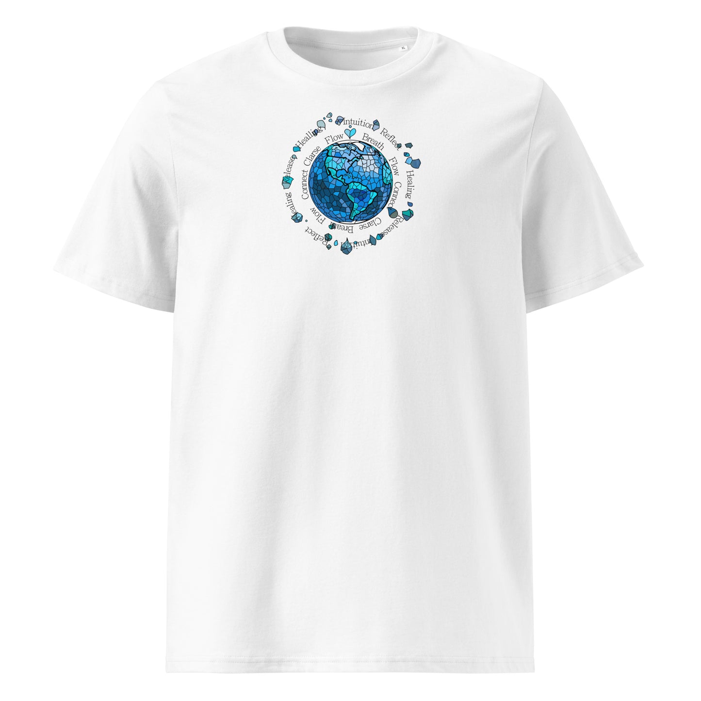 White t-shirt with a blue and green graphic design on a white background