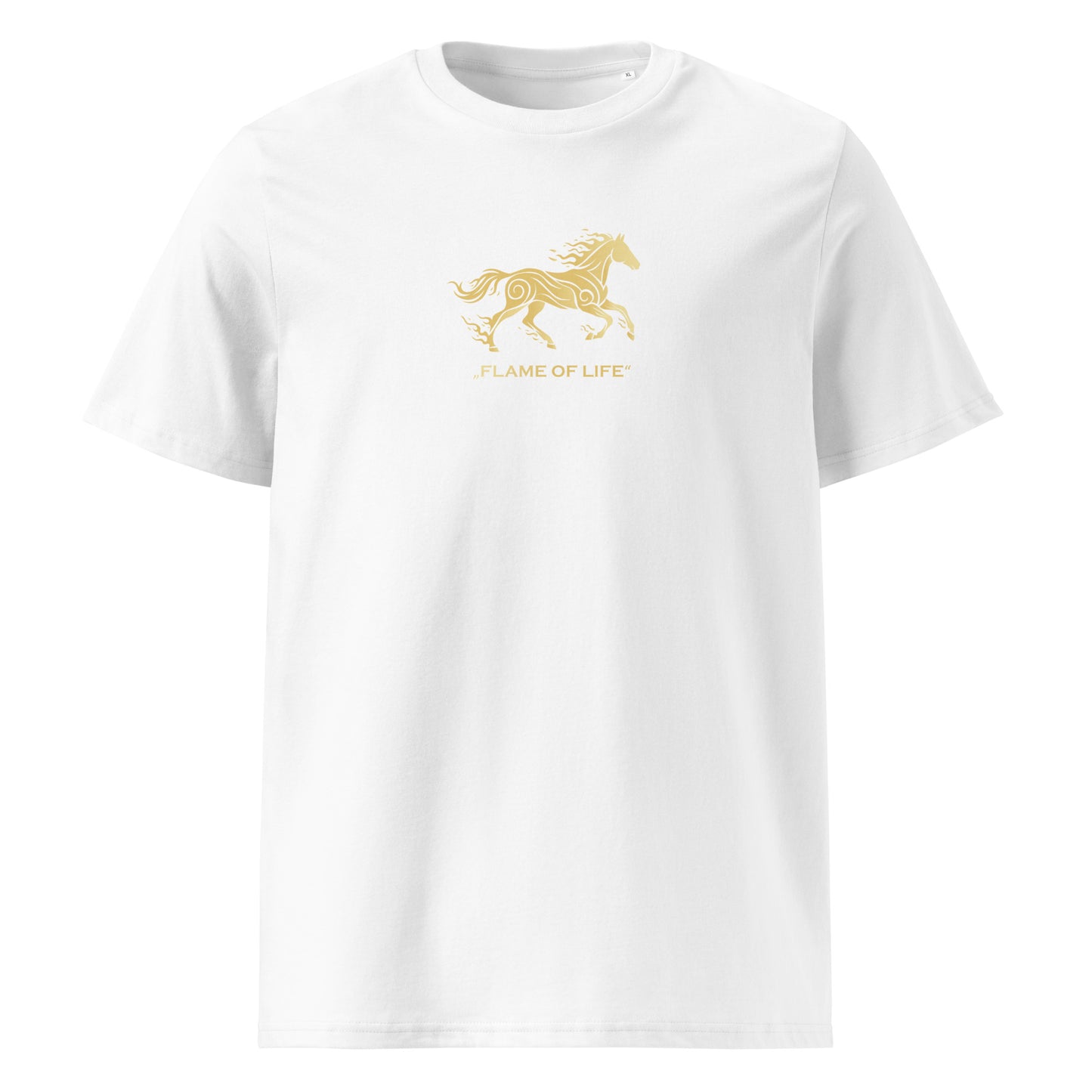 White t-shirt with gold horse logo and 'Flame of Life' text on a white background