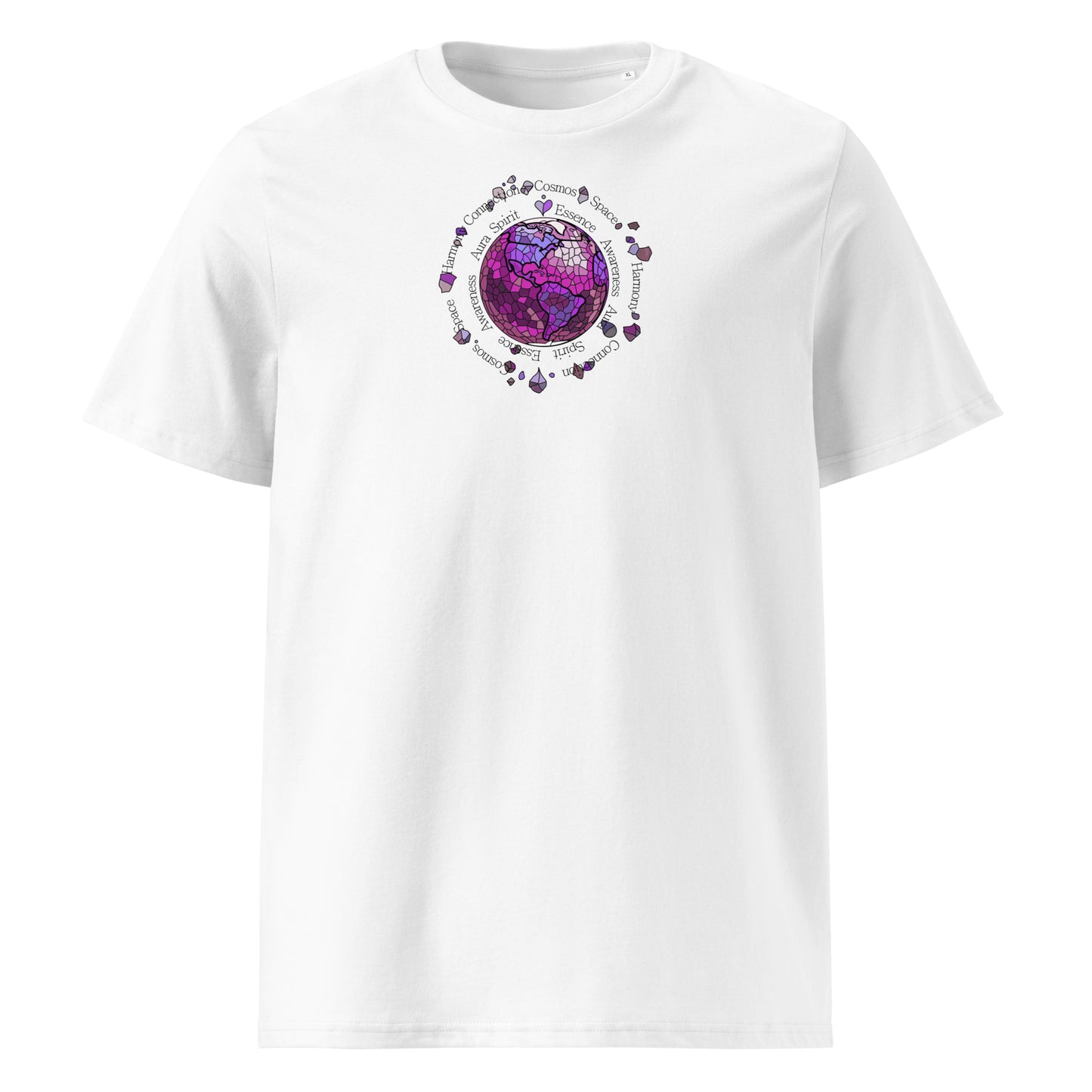 White t-shirt with a colorful graphic design on a white background