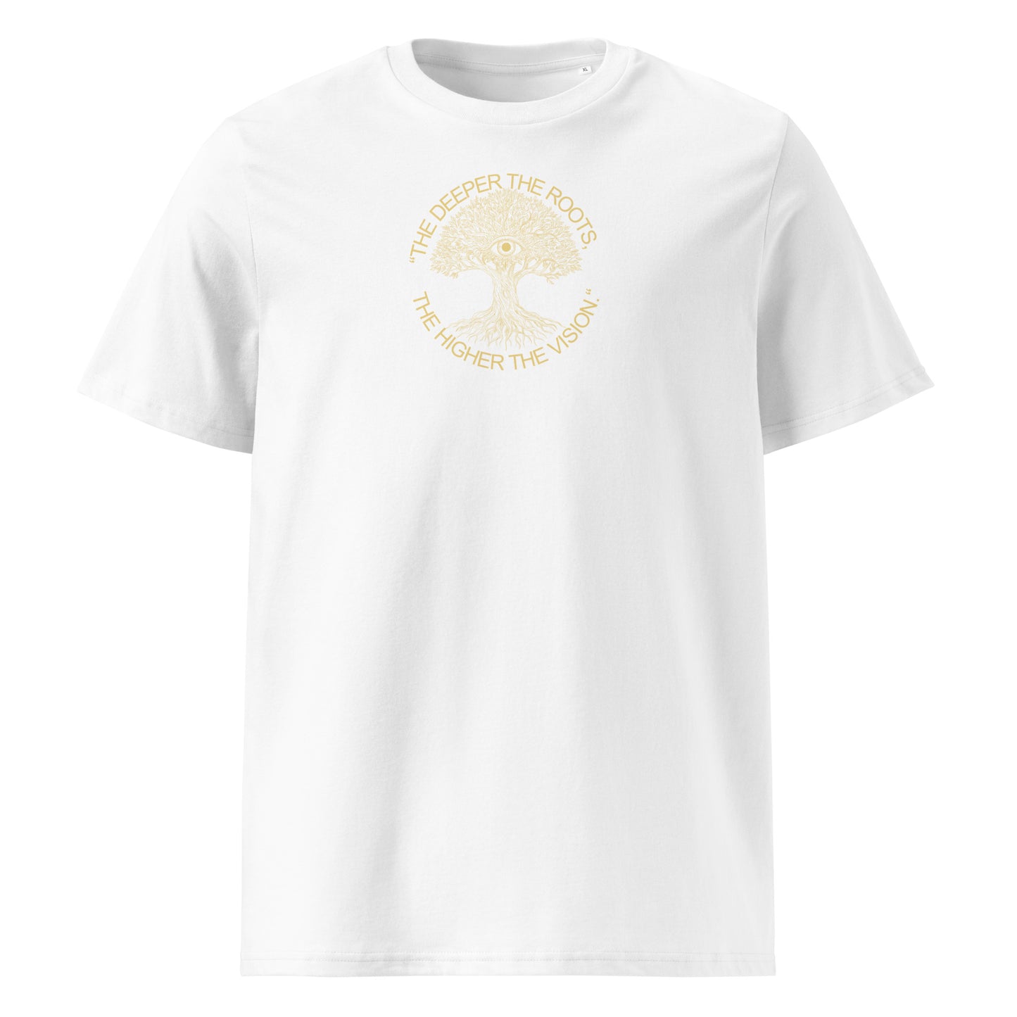 White t-shirt with gold graphic and text on a white background
