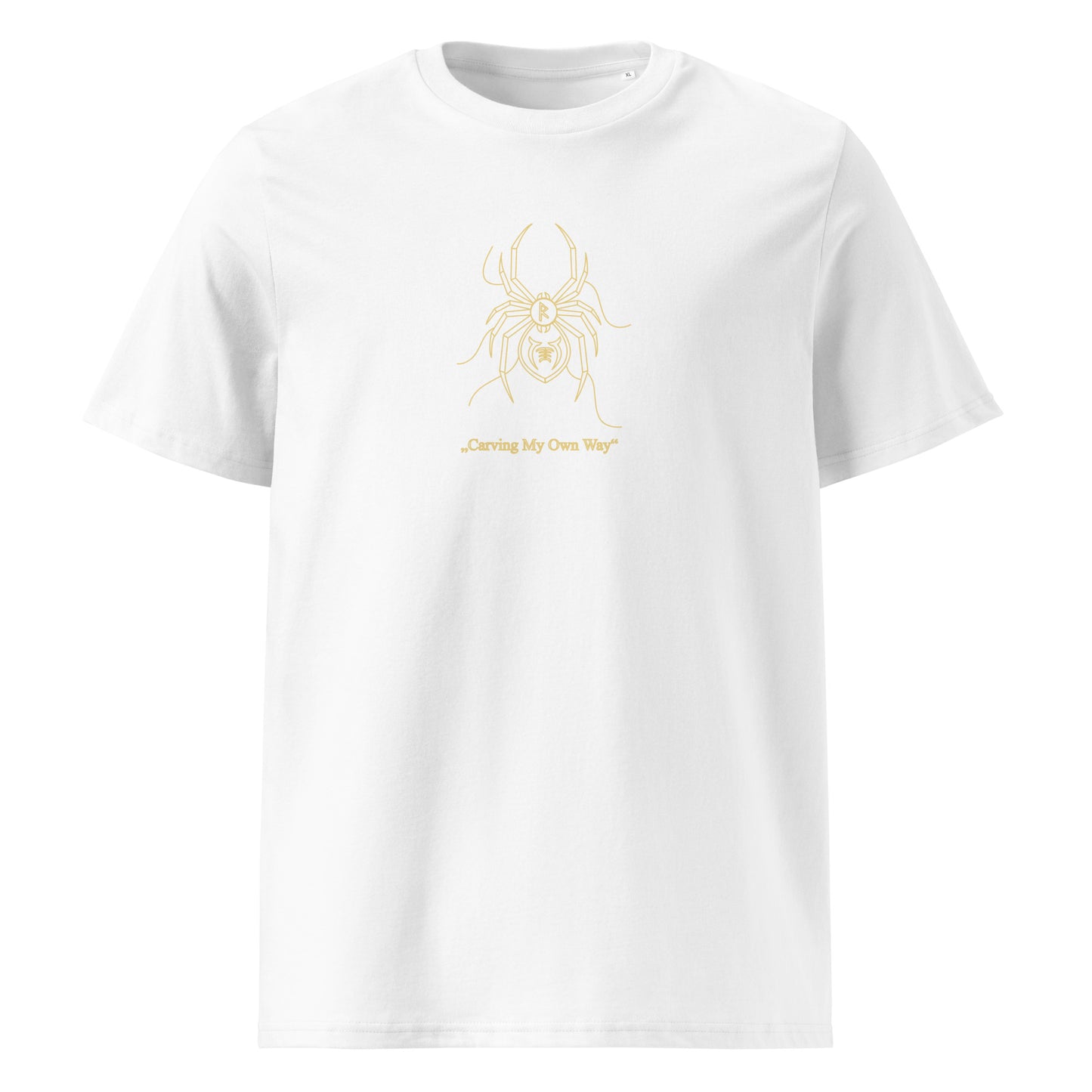 White t-shirt with gold spider graphic and text on a white background