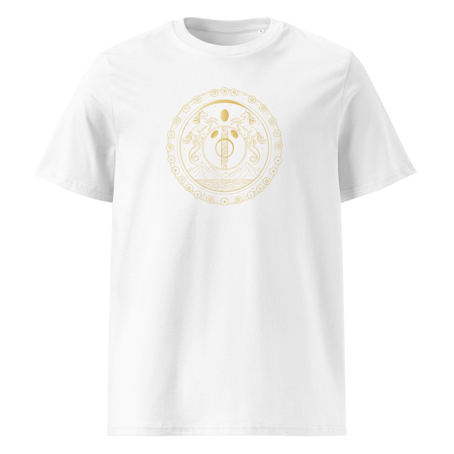 White t-shirt with a gold circular design on a white background
