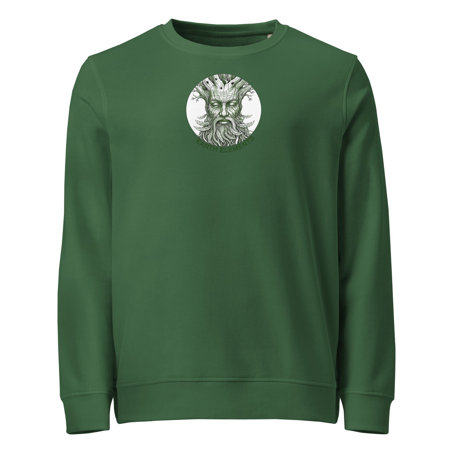 Green sweatshirt with a circular design featuring a face on a white background
