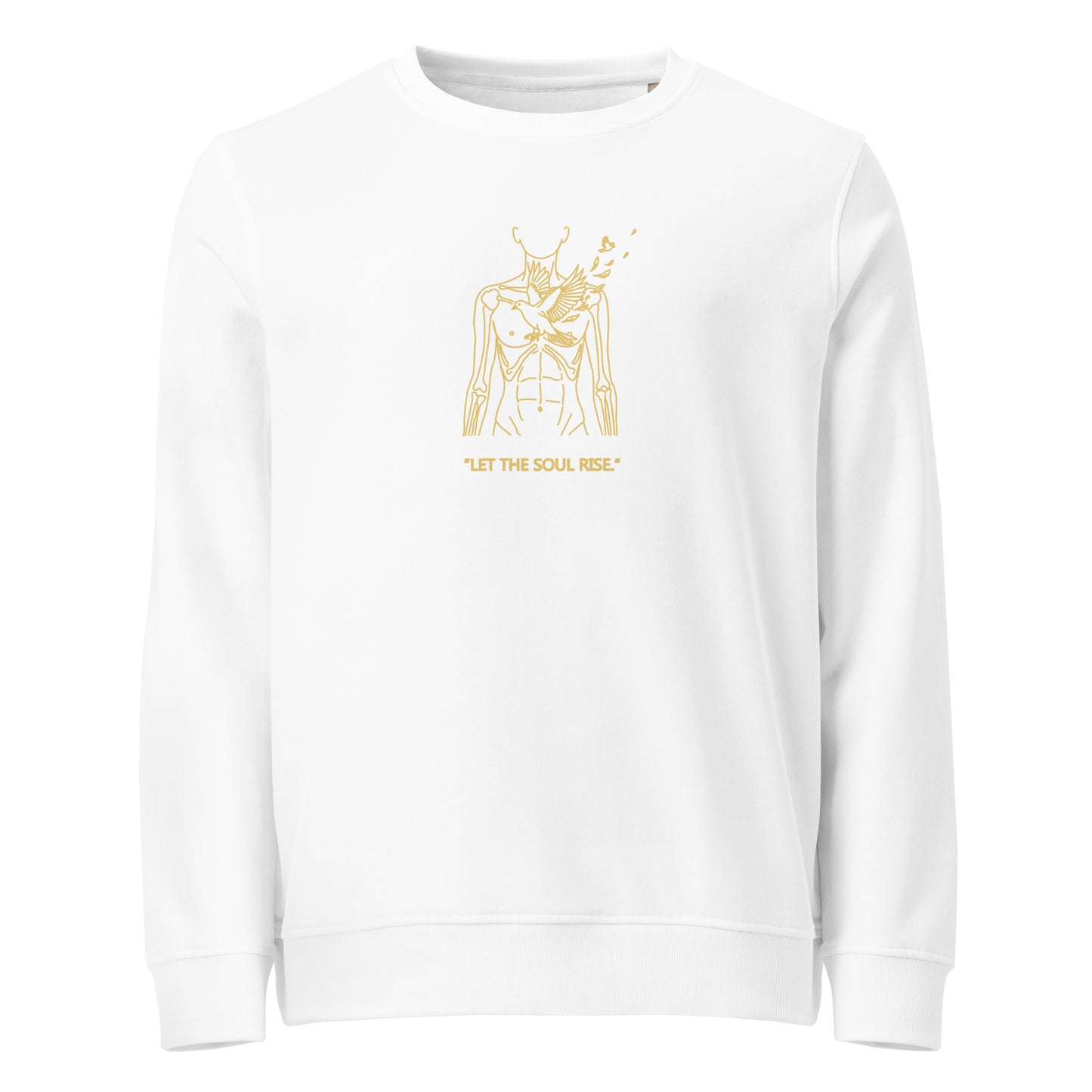 White sweatshirt with gold graphic design and text on a white background