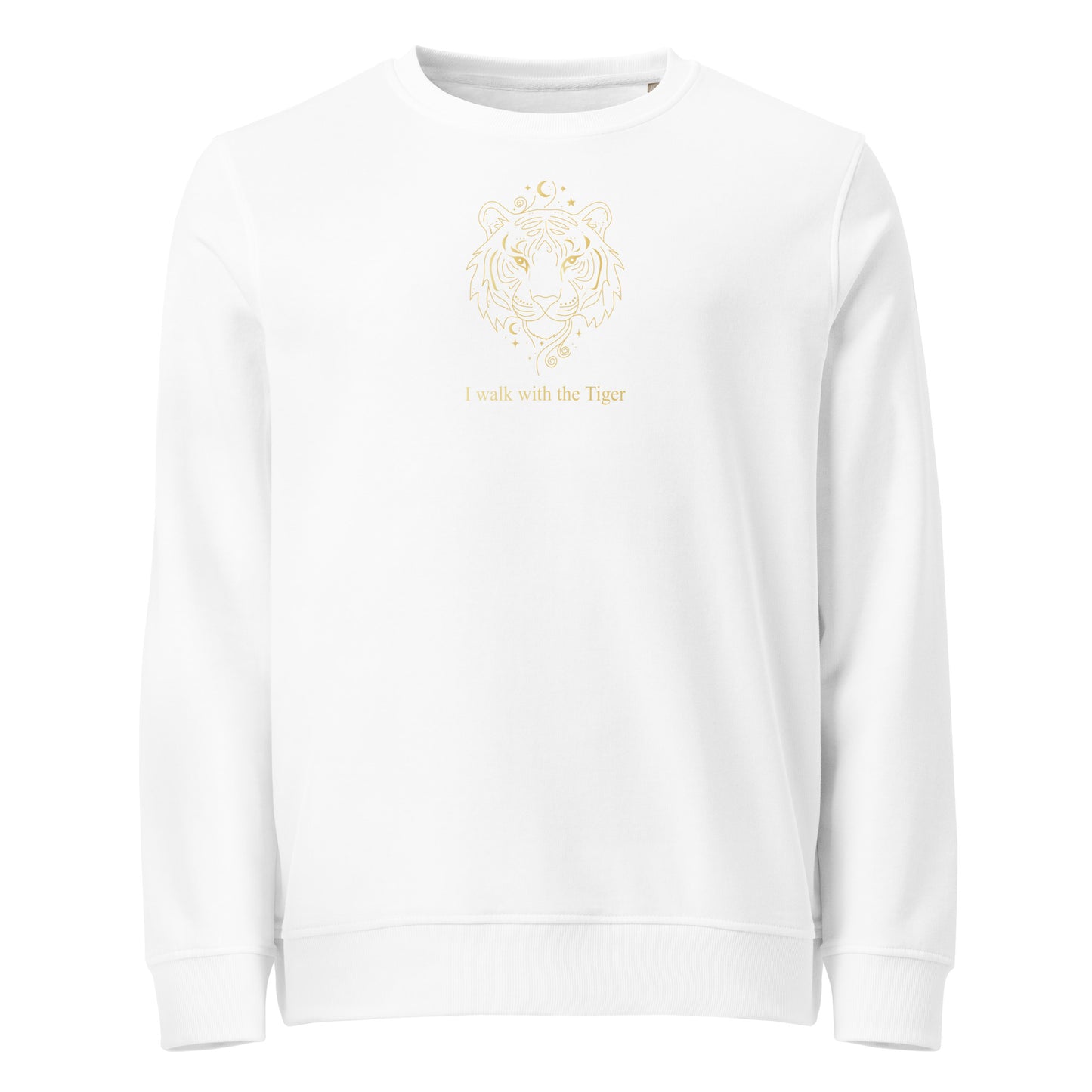 White sweatshirt with gold emblem and text on a white background