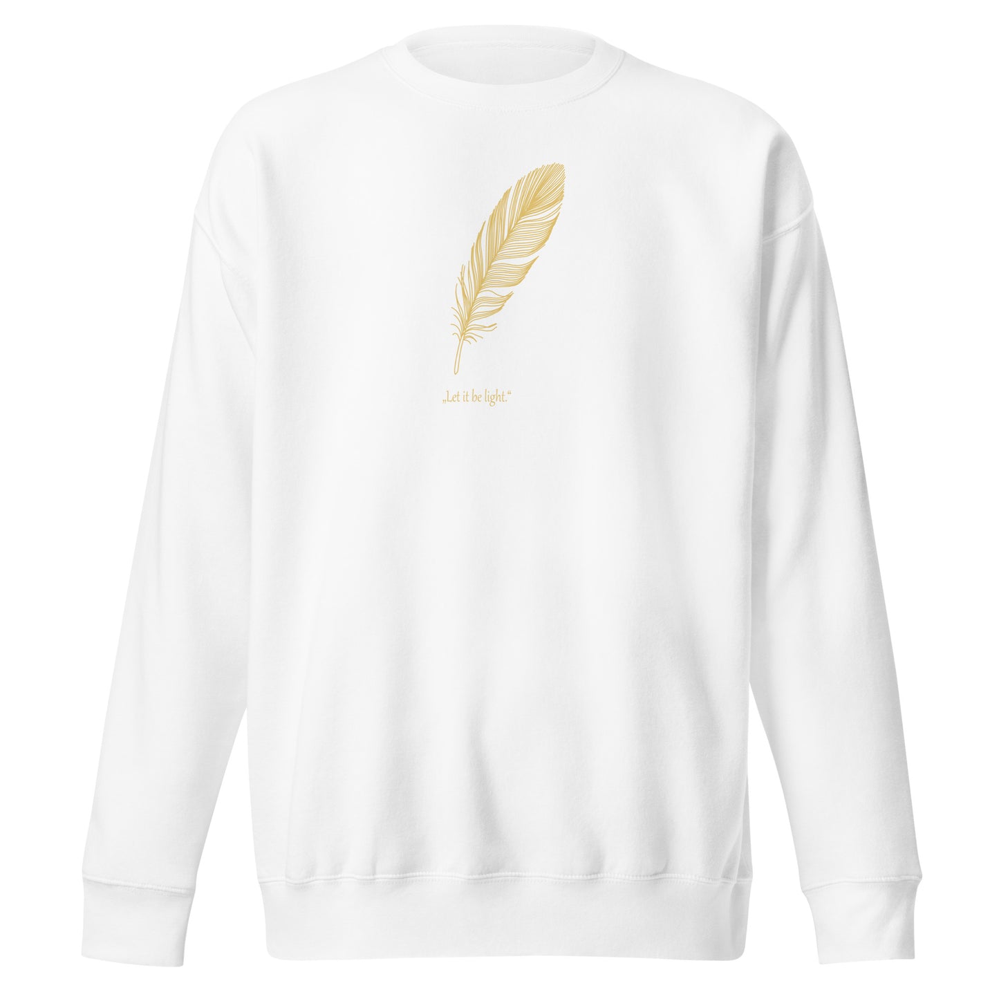 White sweatshirt with a gold feather design on the back against a white background