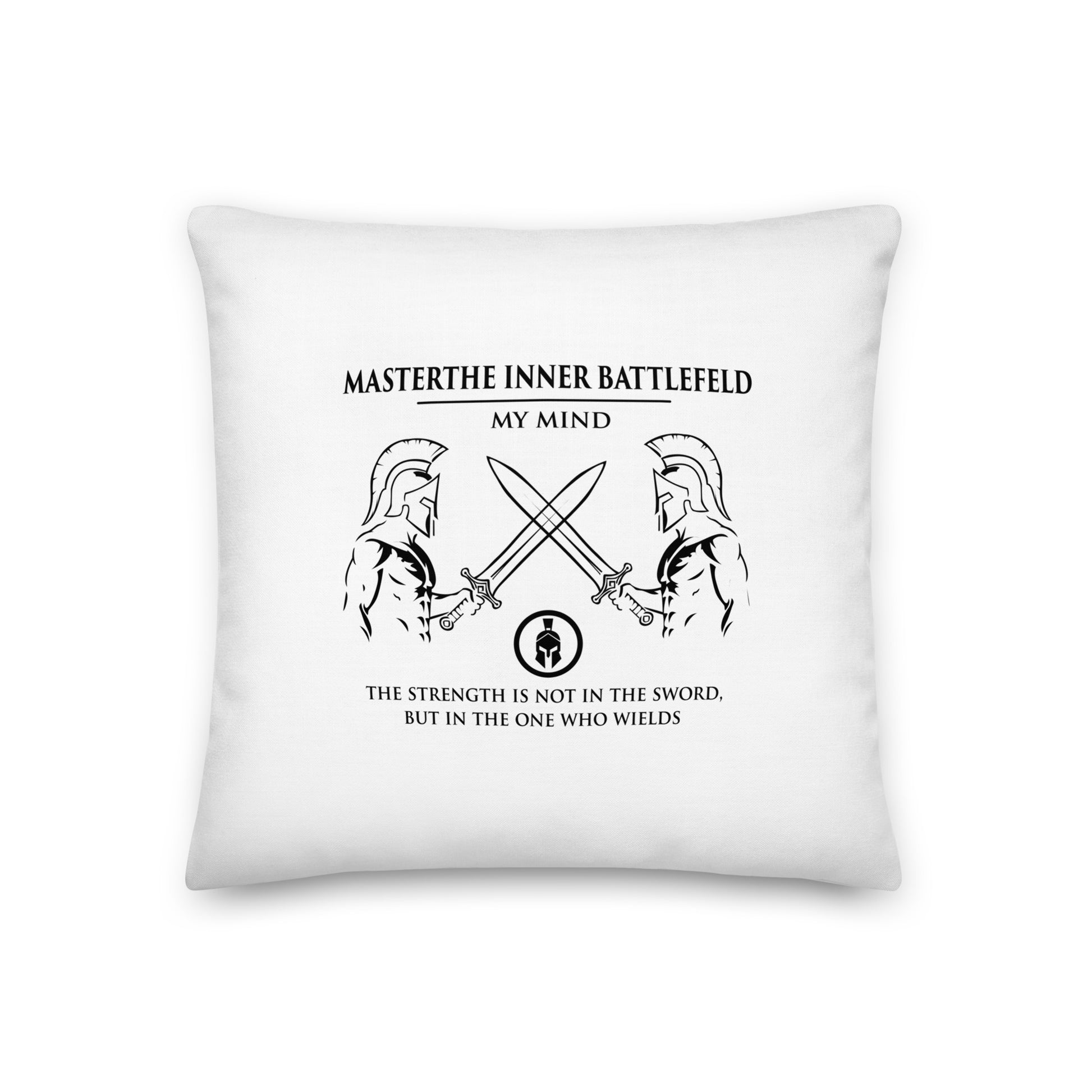 White pillow with black design and text on a white background