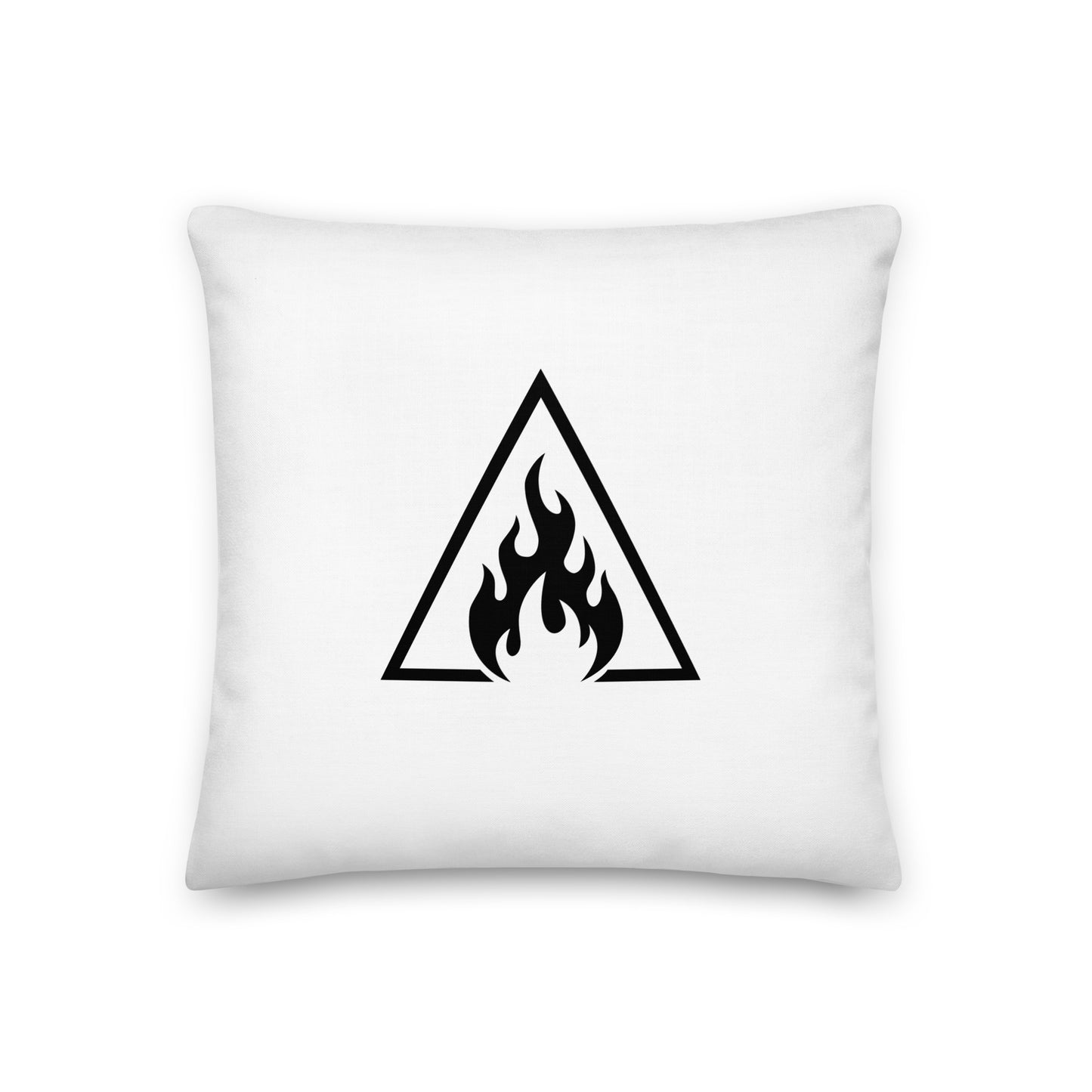 White pillow with a black triangle and flame design on a white background