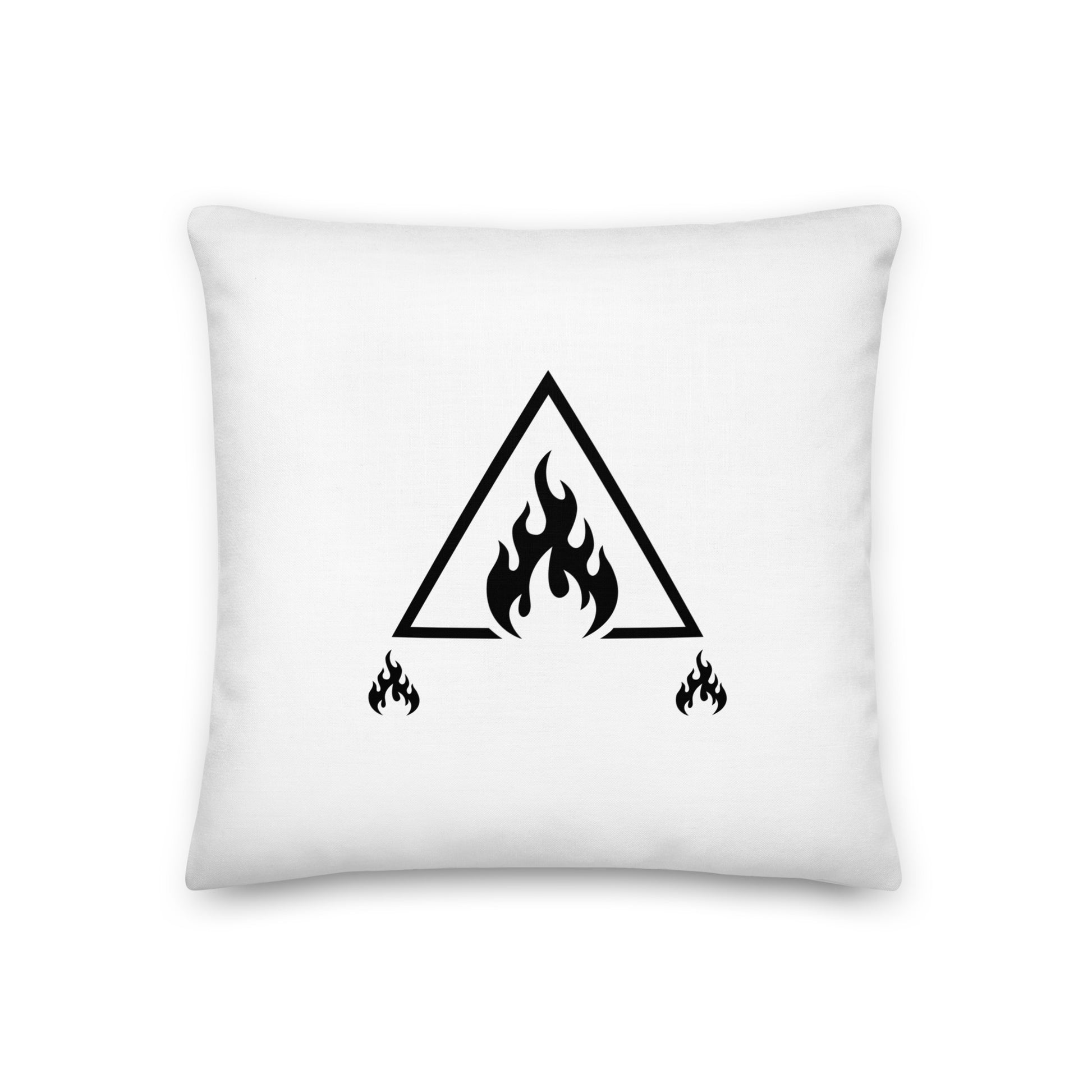 White pillow with black flame symbol on a white background