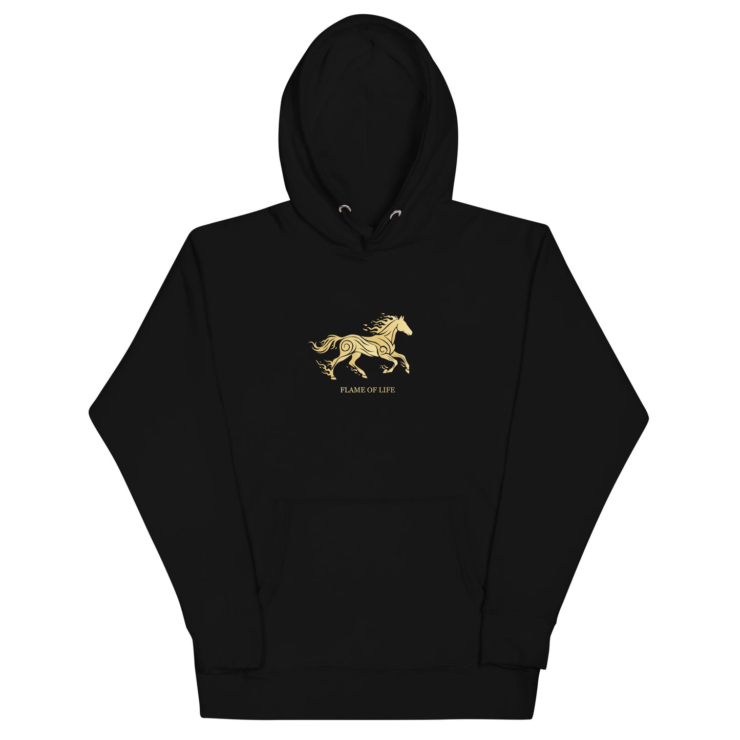 Black hoodie with a a gold horse Flame of life design by the vision 2026.A symbol of inner fire, strength, and the spirit refuses to be tamed by the system.