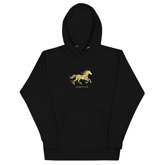 Black hoodie with a a gold horse Flame of life design by the vision 2026.A symbol of inner fire, strength, and the spirit refuses to be tamed by the system.