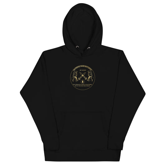 Black hoodie with Minimalist design of a sword and a heart symbol with the quote "Strength is not in the sword, but in the one who wields it," representing inner sovereignty and emotional strength.