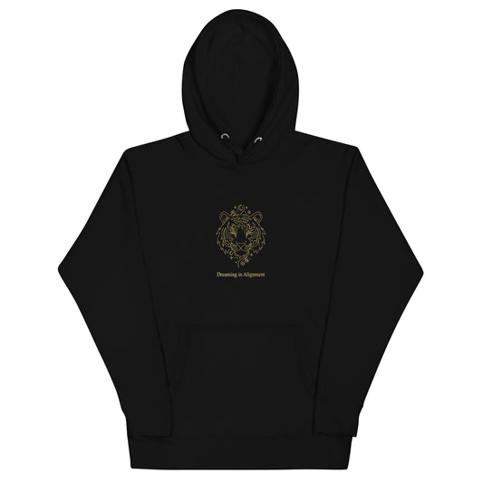 Black hoodie with Artistic graphic of a gentle tiger with the text "Dreaming in Alignment," symbolizing the overcoming of fear, creative freedom, and spiritual harmony.