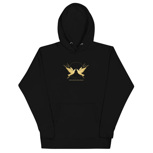 minimalist hoodie with two golden doves and a heart, symbolic celestial design for couples and soulmates."