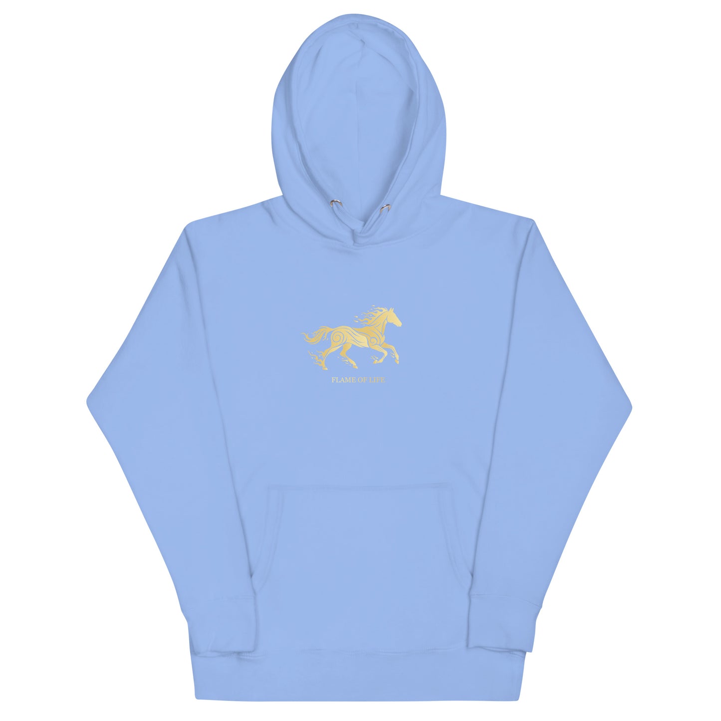 Light blue hoodie with a a gold horse Flame of life design by the vision 2026.A symbol of inner fire, strength, and the spirit refuses to be tamed by the system.