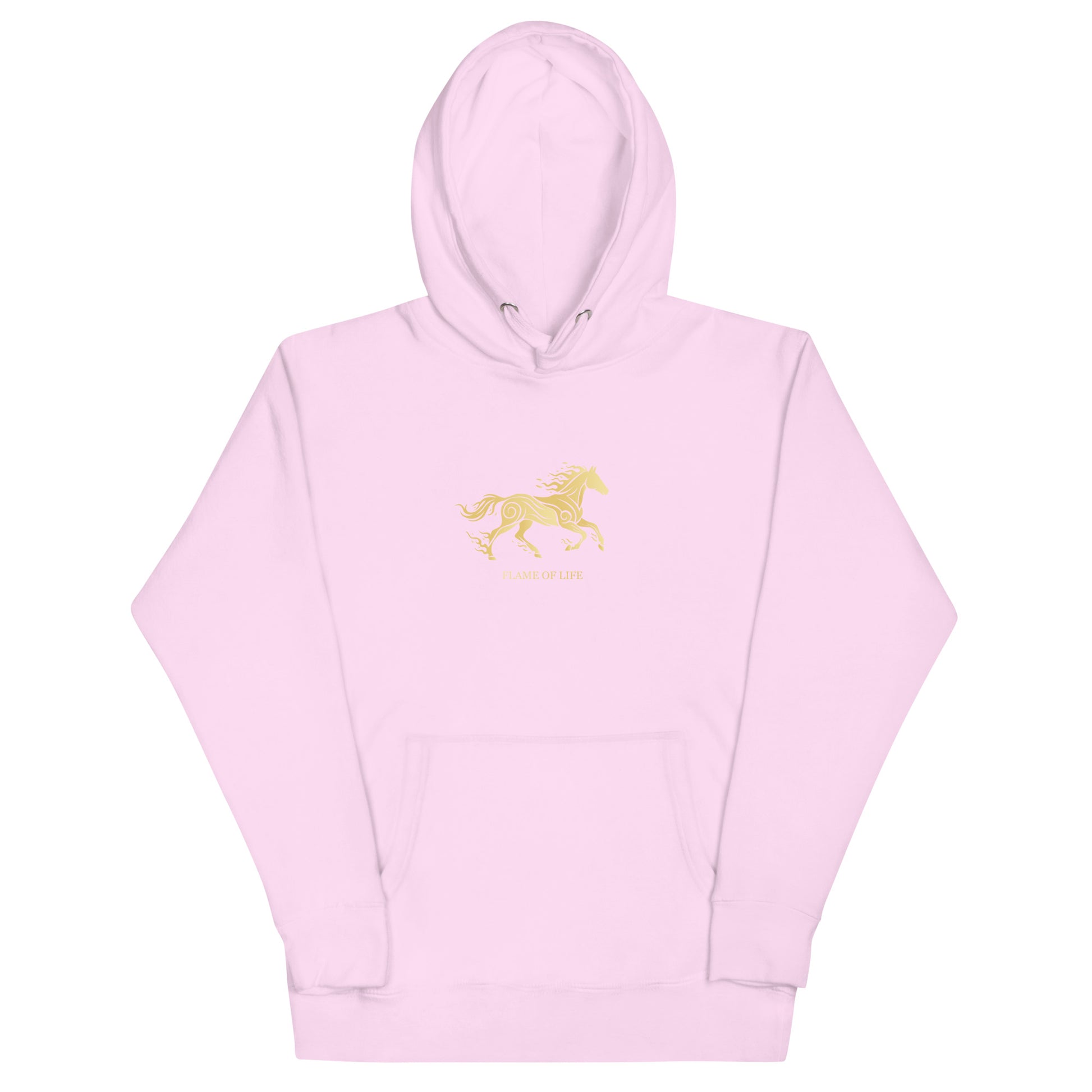 Pink hoodie with a a gold horse Flame of life design by the vision 2026.A symbol of inner fire, strength, and the spirit refuses to be tamed by the system.