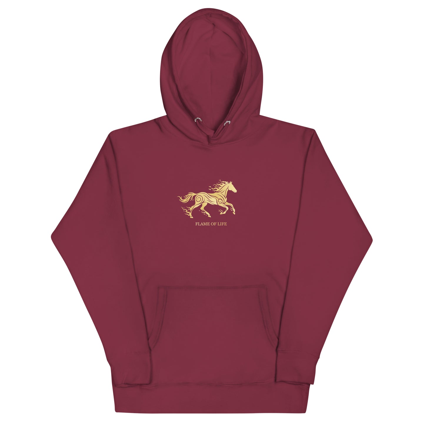 Maroon hoodie with a gold horse Flame of life design by the vision 2026.A symbol of inner fire, strength, and the spirit refuses to be tamed by the system.