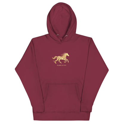 Maroon hoodie with a gold horse Flame of life design by the vision 2026.A symbol of inner fire, strength, and the spirit refuses to be tamed by the system.