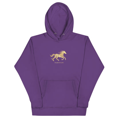 Purple hoodie with a a gold horse Flame of life design by the vision 2026.A symbol of inner fire, strength, and the spirit refuses to be tamed by the system.