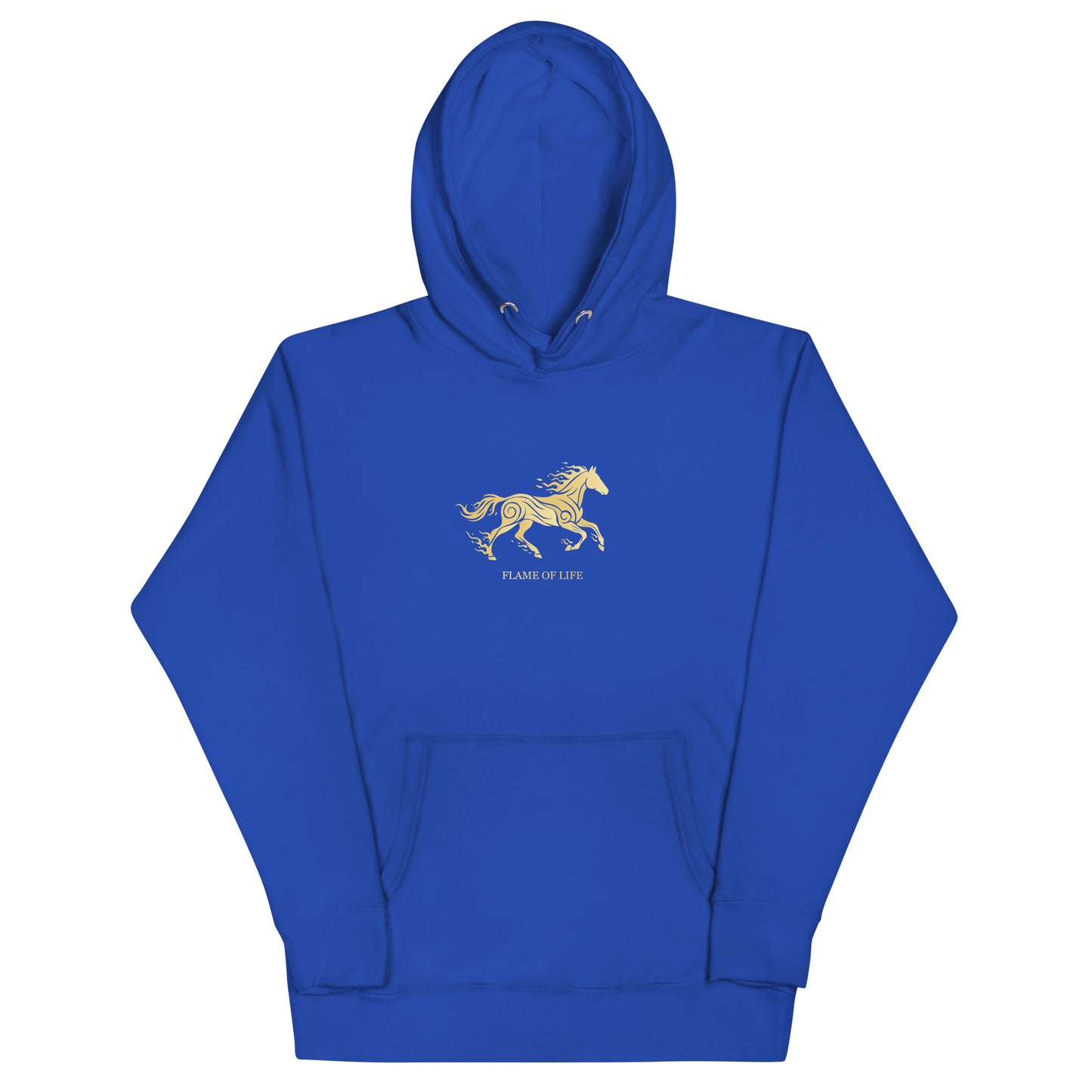 Blue hoodie with a a gold horse Flame of life design by the vision 2026.A symbol of inner fire, strength, and the spirit refuses to be tamed by the system.