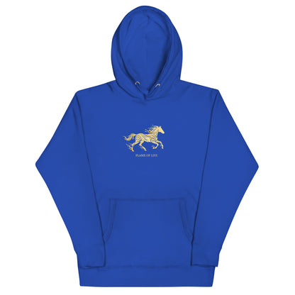 Blue hoodie with a a gold horse Flame of life design by the vision 2026.A symbol of inner fire, strength, and the spirit refuses to be tamed by the system.
