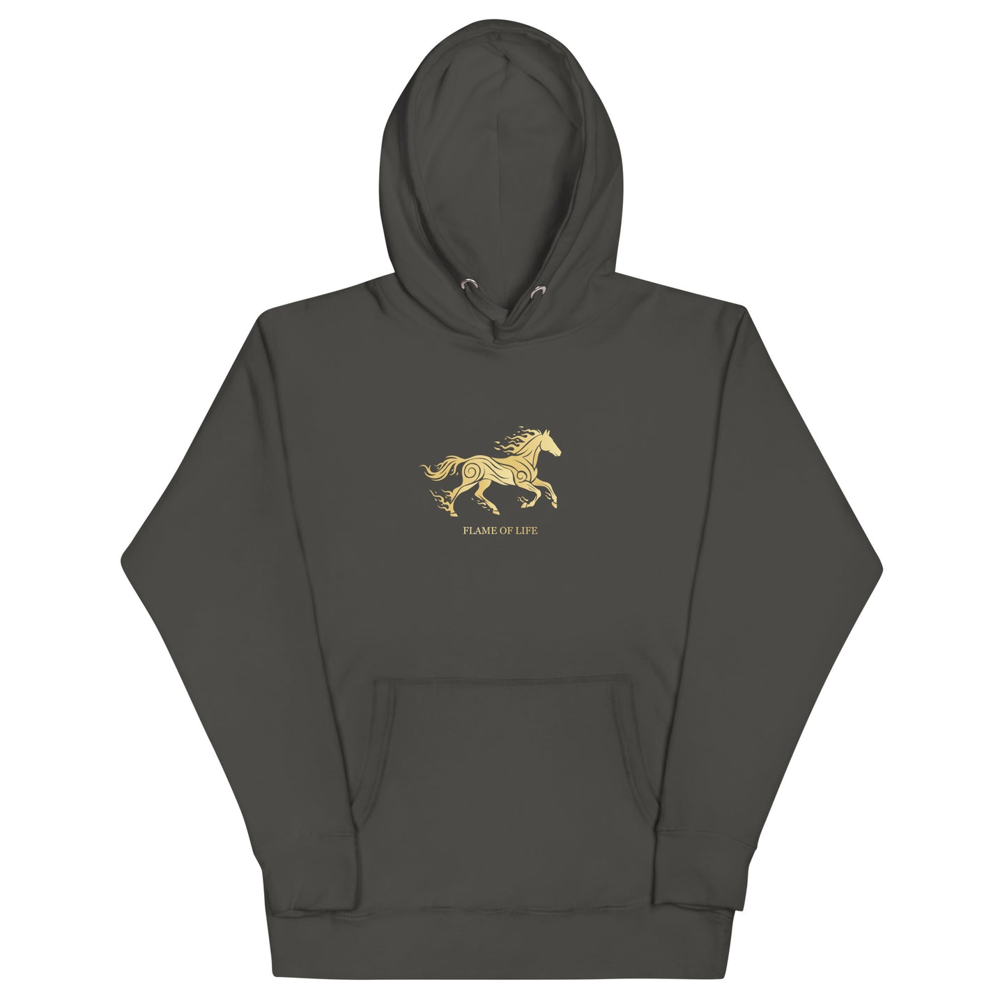 Dark gray hoodie with a a gold horse Flame of life design by the vision 2026.A symbol of inner fire, strength, and the spirit refuses to be tamed by the system.