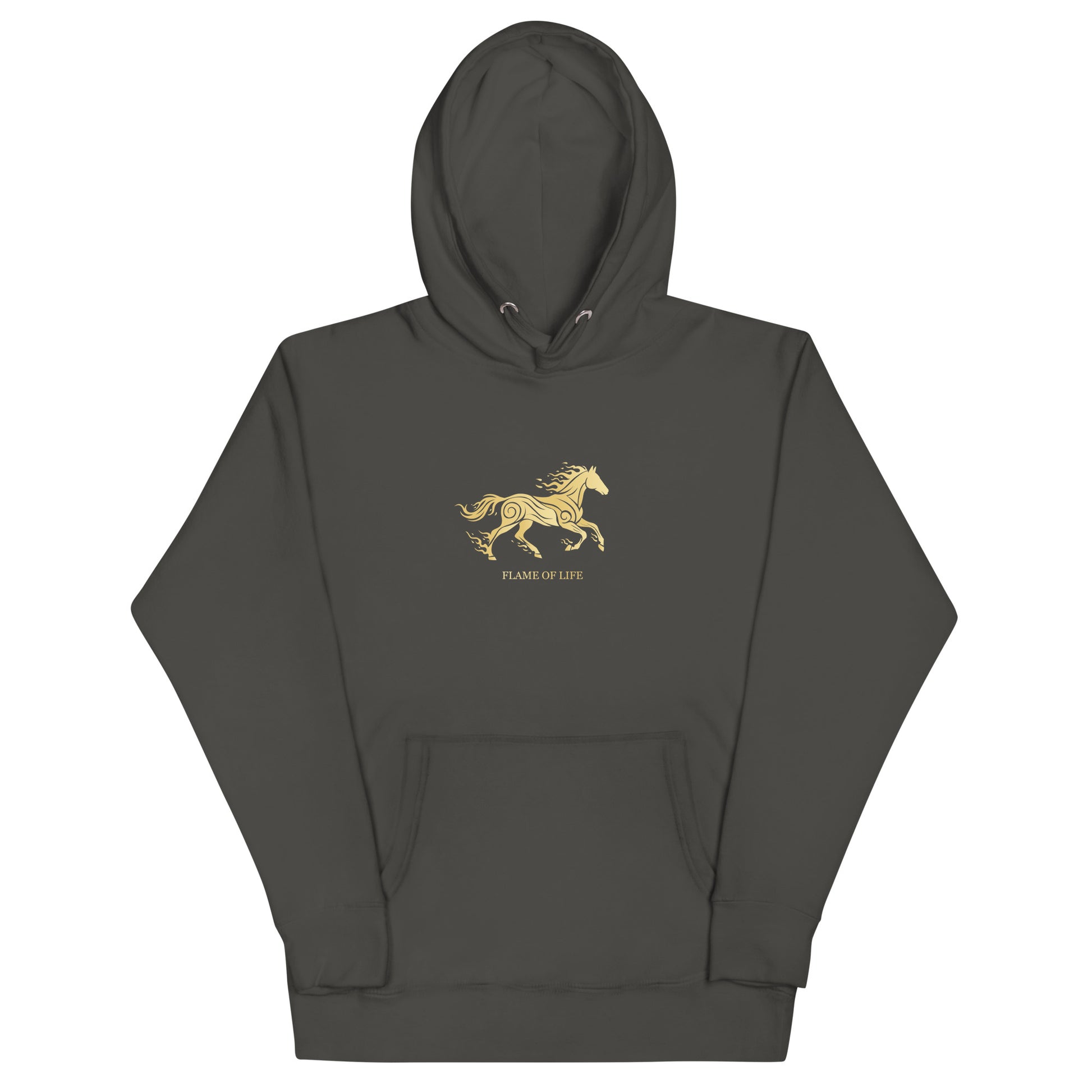 Dark gray hoodie with a a gold horse Flame of life design by the vision 2026.A symbol of inner fire, strength, and the spirit refuses to be tamed by the system.