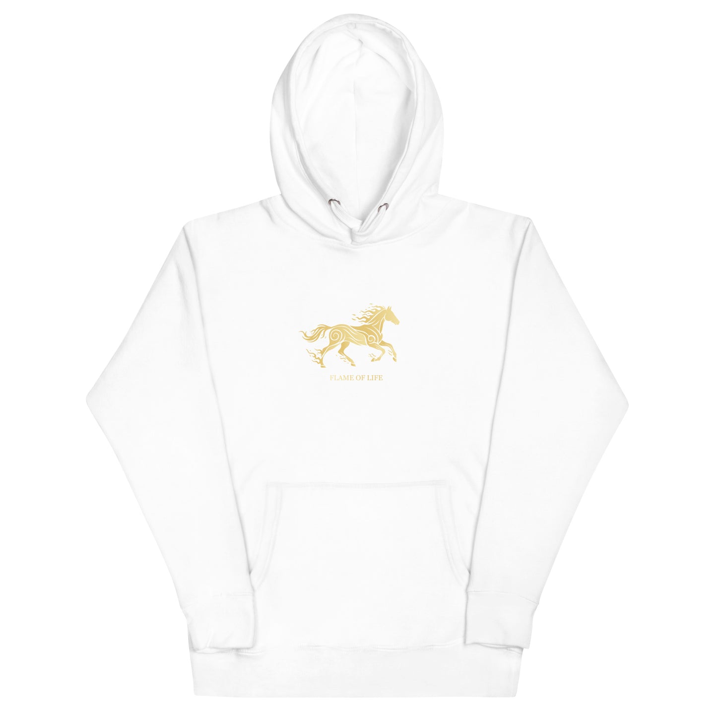 White hoodie with a a gold horse Flame of life design by the vision 2026.A symbol of inner fire, strength, and the spirit refuses to be tamed by the system.
