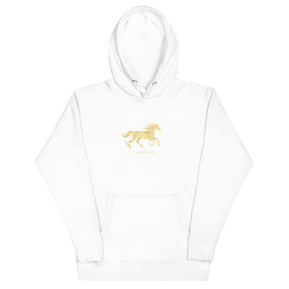 White hoodie with a a gold horse Flame of life design by the vision 2026.A symbol of inner fire, strength, and the spirit refuses to be tamed by the system.