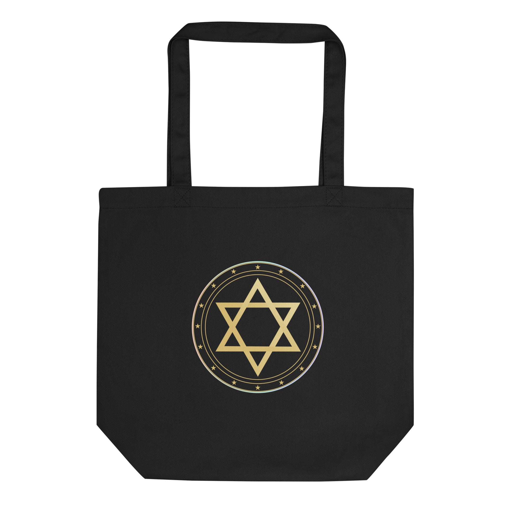 Black tote bag with a gold Star of David design on a white background