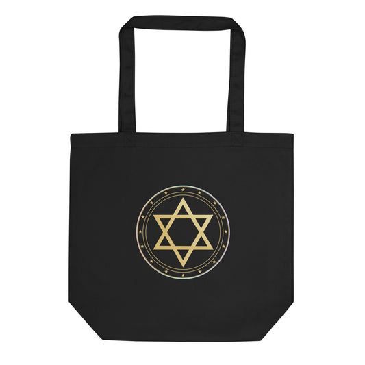 Black tote bag with a gold Star of David design on a white background
