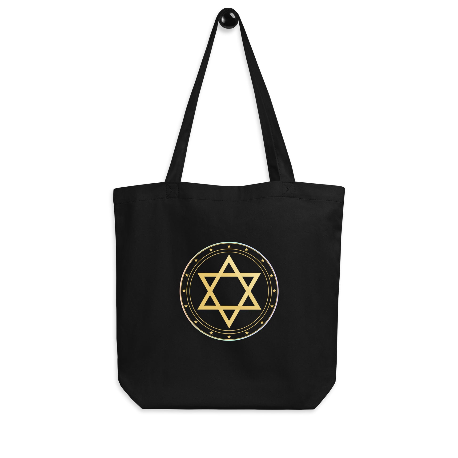 Black tote bag with a gold Star of David design on a white background