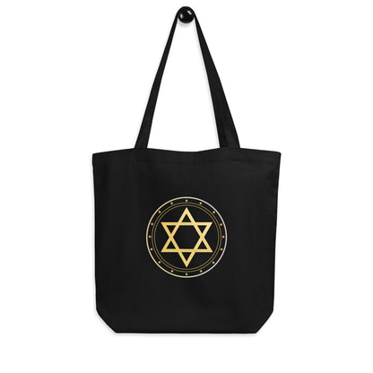 Black tote bag with a gold Star of David design on a white background