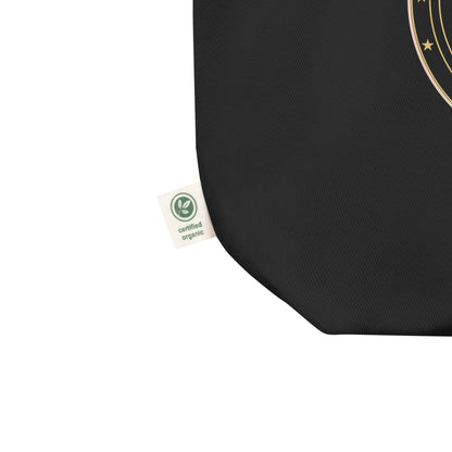 Black product with a green certification label on a white background