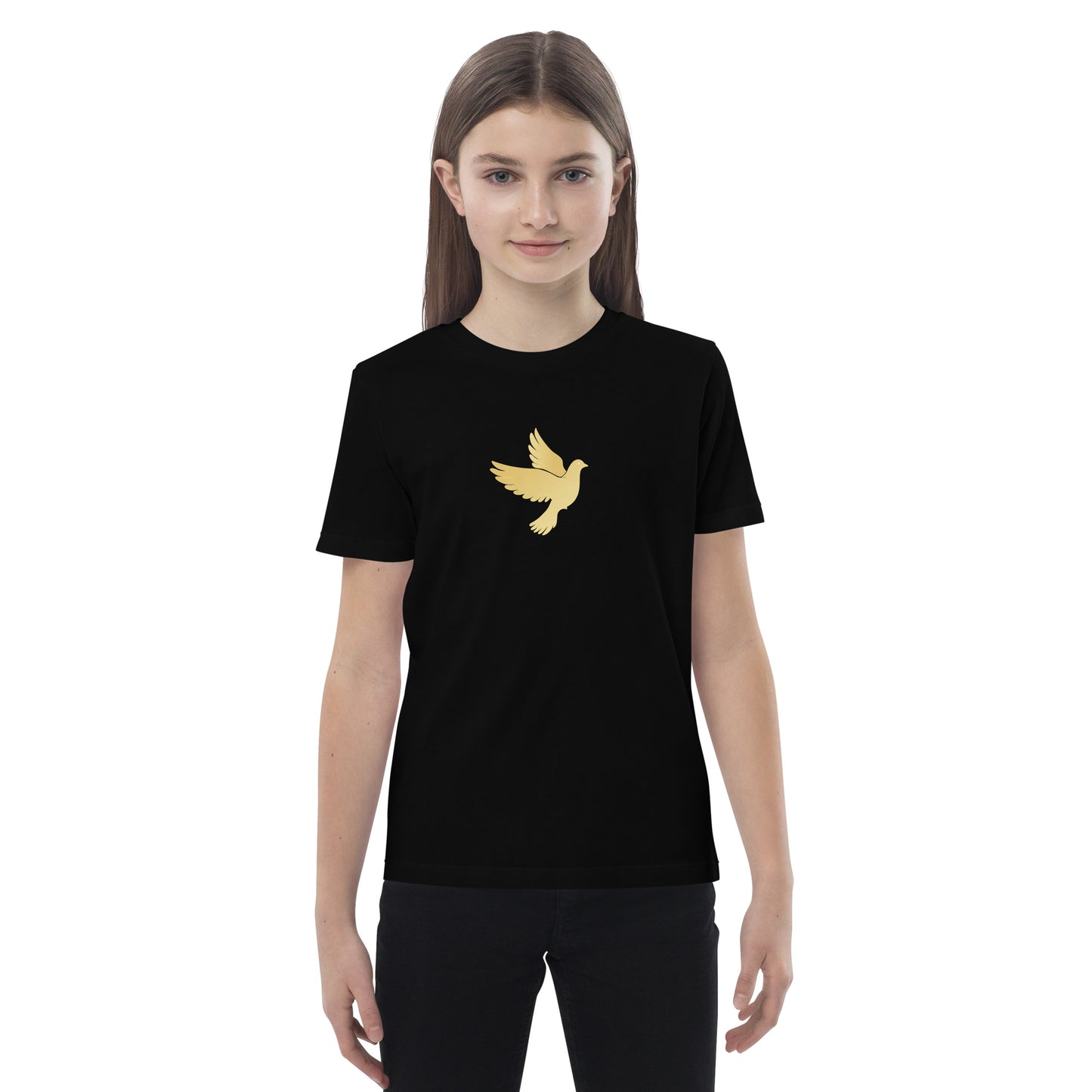 Person wearing a black t-shirt with a yellow dove design on a white background