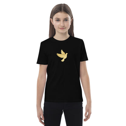 Person wearing a black t-shirt with a yellow dove design on a white background